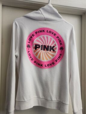 PINK Victoria's Secret White Hoodie with Hot Pink & Orange Graphic